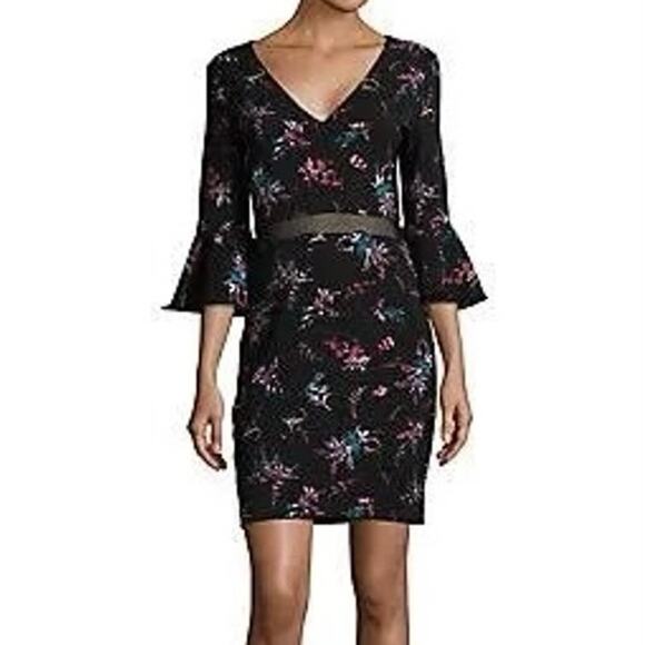 Guess Black floral sheath dress flare sleeves - Picture 1 of 7